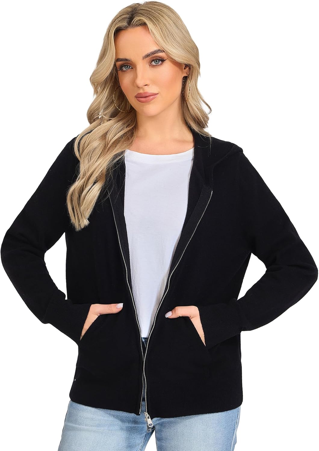 Women's Hooded Cardigan Sweater -100% Merino Wool 2-Way Zip Up Hoodie with Pockets Lightweight Zip-front Cropped Knit - Image 2