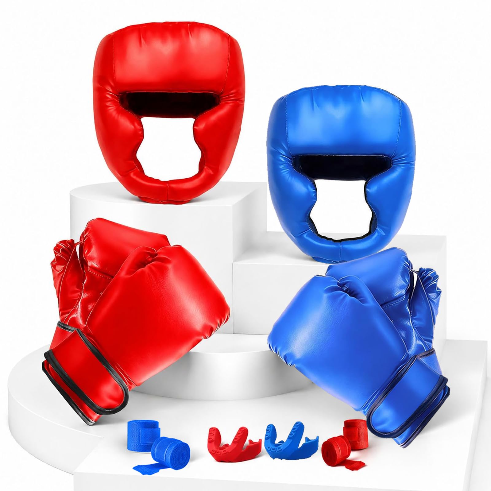 14 Pcs Boxing Set Boxing Equipment Set for Beginners Including 2 Pair of 6 oz Boxing Gloves Headgear Helmet Hand Wraps Mouth Guards Gifts Training Equipment Red & Blue 6oz