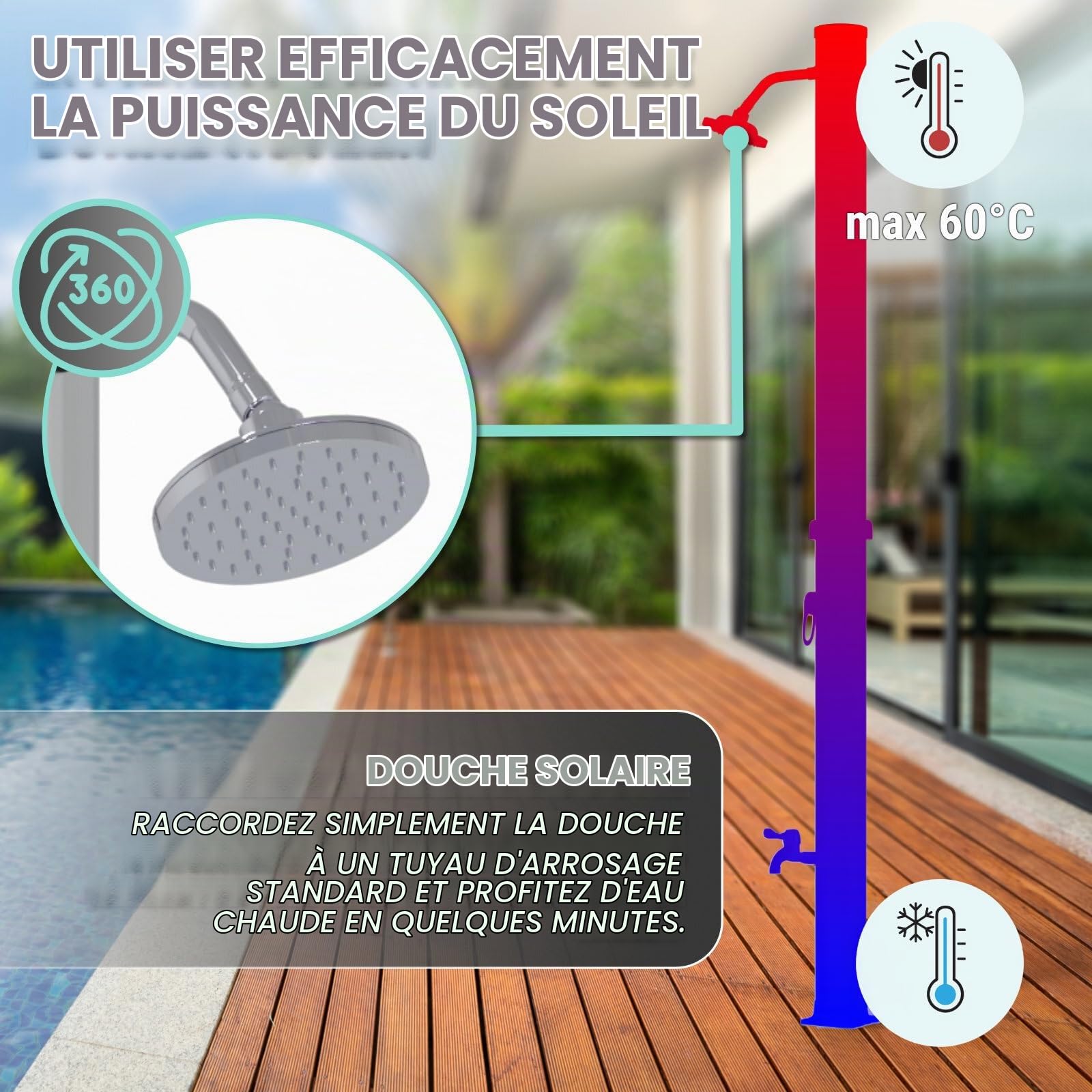 HAGO Douche solaire ronde 20 l - Noir/argenté - Douche de piscine - Douche de camping - Douche de jardin - Douche pieds d'extérieur - Universel - Sans courant