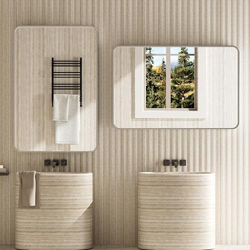 Miniatura 3 de JISOSO Silver Bathroom Mirror, 20 x 30 Inch Wall Mounted Vanity Mirror with Rounded Corner Metal Framed, Tempered Glass,