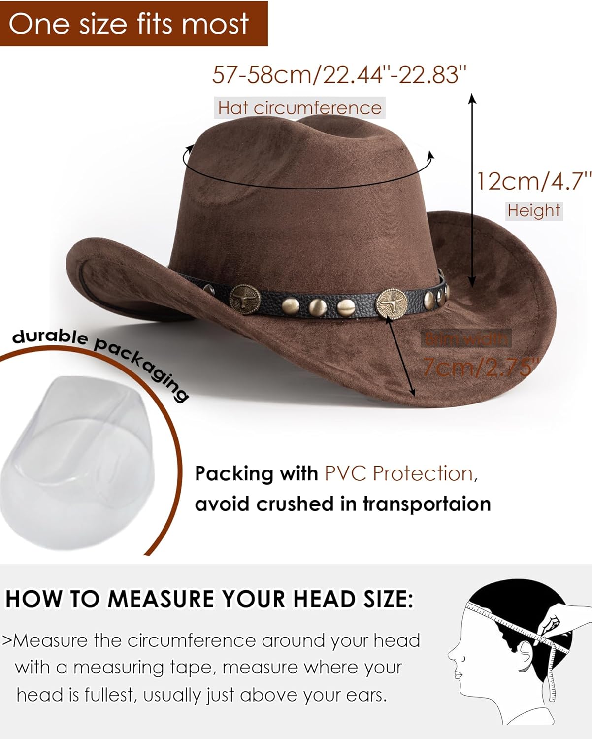 Gossifan Western Cowboy Hat for Men Women Wide Brim Suede Cattleman Cowgril Hats - Image 3