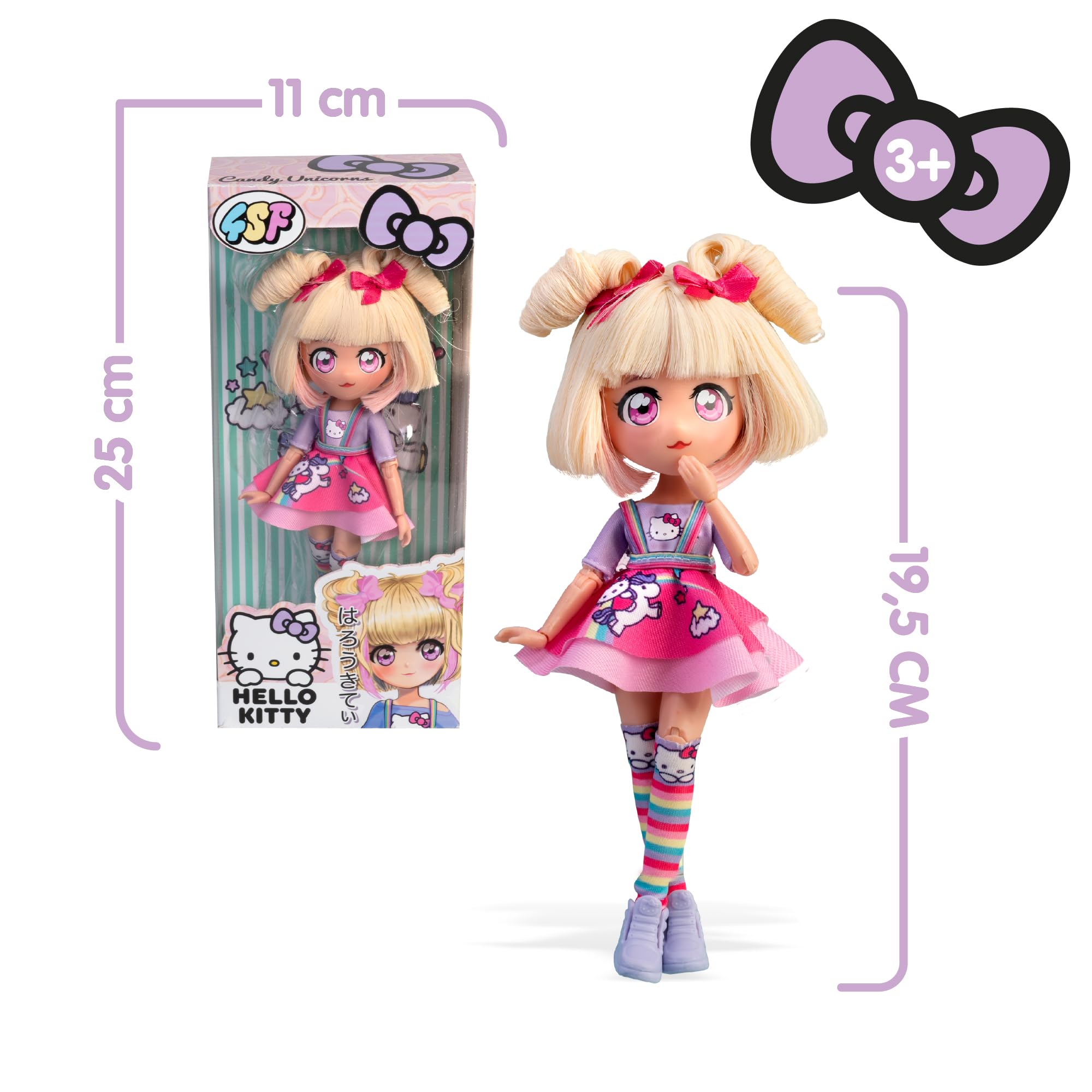 4SF - Hello Kitty Manga Doll Candy Unicorn, Muñeca Fashion Japonesa con Looks a la Moda Manga, Figura de 19,5 cm con 15 Puntos de Articulación, Pelo Rubio, Accesorios Incluidos, Famosa (HKTF0400)
