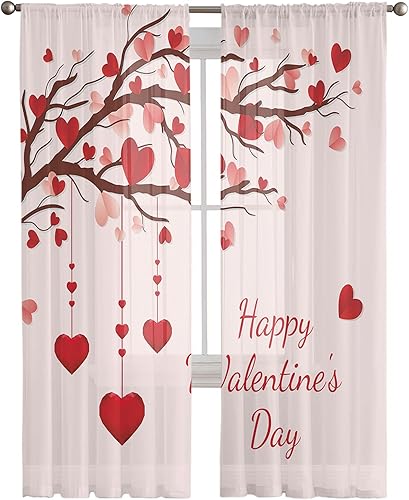 Miniatura 2 de Cortinas traslúcidas para el día de San Valentín de 84 pulgadas de largo diseño de árbol de amor rojo romántico con bolsillo para barra paneles