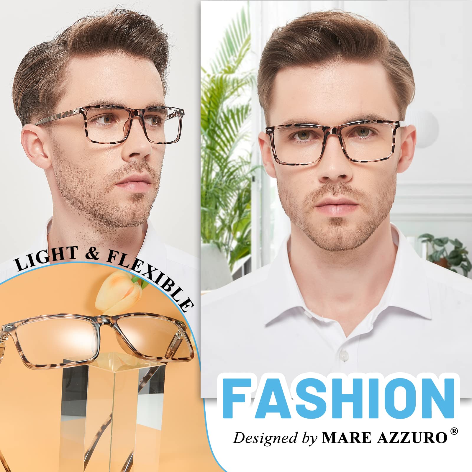 MARE AZZURO Large Square Reading Glasses 1.5 Men Lightweight Flexible Readers 100 125 150 175 200 225 250 275 300 350 (Tortoise, 1.50)