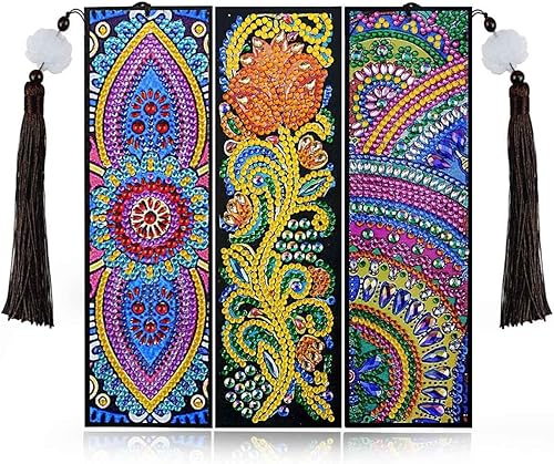 Juego de 3 marcapáginas de arte de diamantes 5D para manualidades, manualidades, marcadores Dotz con borla para principiantes, niños, adultos,