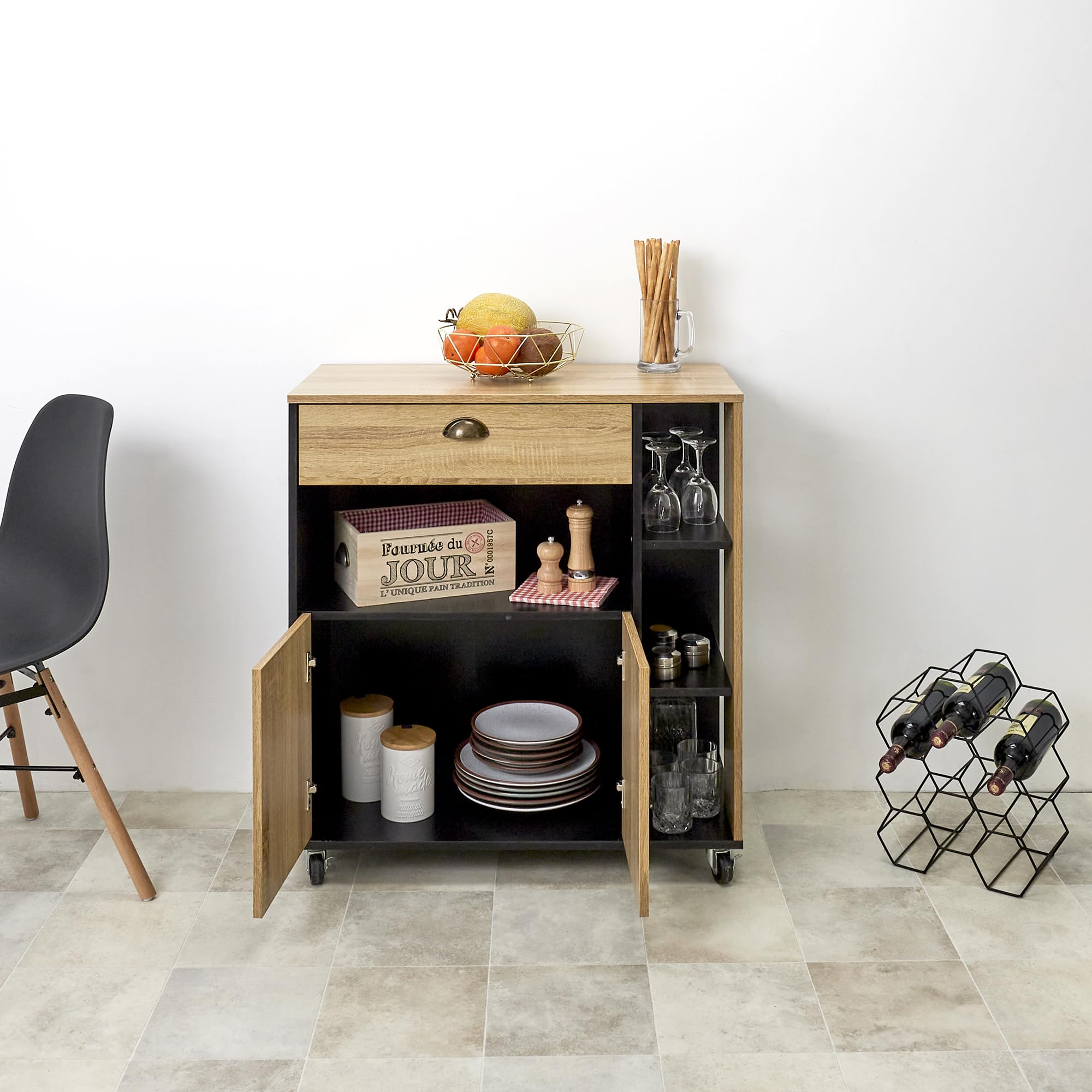 HOME DECO FACTORY Seifenspender Keramik Soft-Touch Schwarz | Küchenwagen, Holz, Mehrzweckaufbewahrung, auf Rollen, für Küche und Esszimmer, großes Modell, schwarz