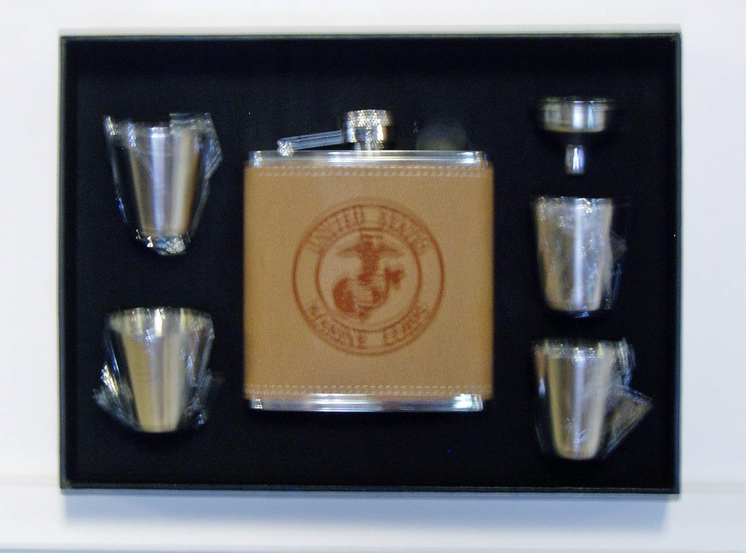 United States Marine Corp Leather Stainless Steel Flask with 4 Stainless Steel Shot Glasses and a Funnel in a black presentation box