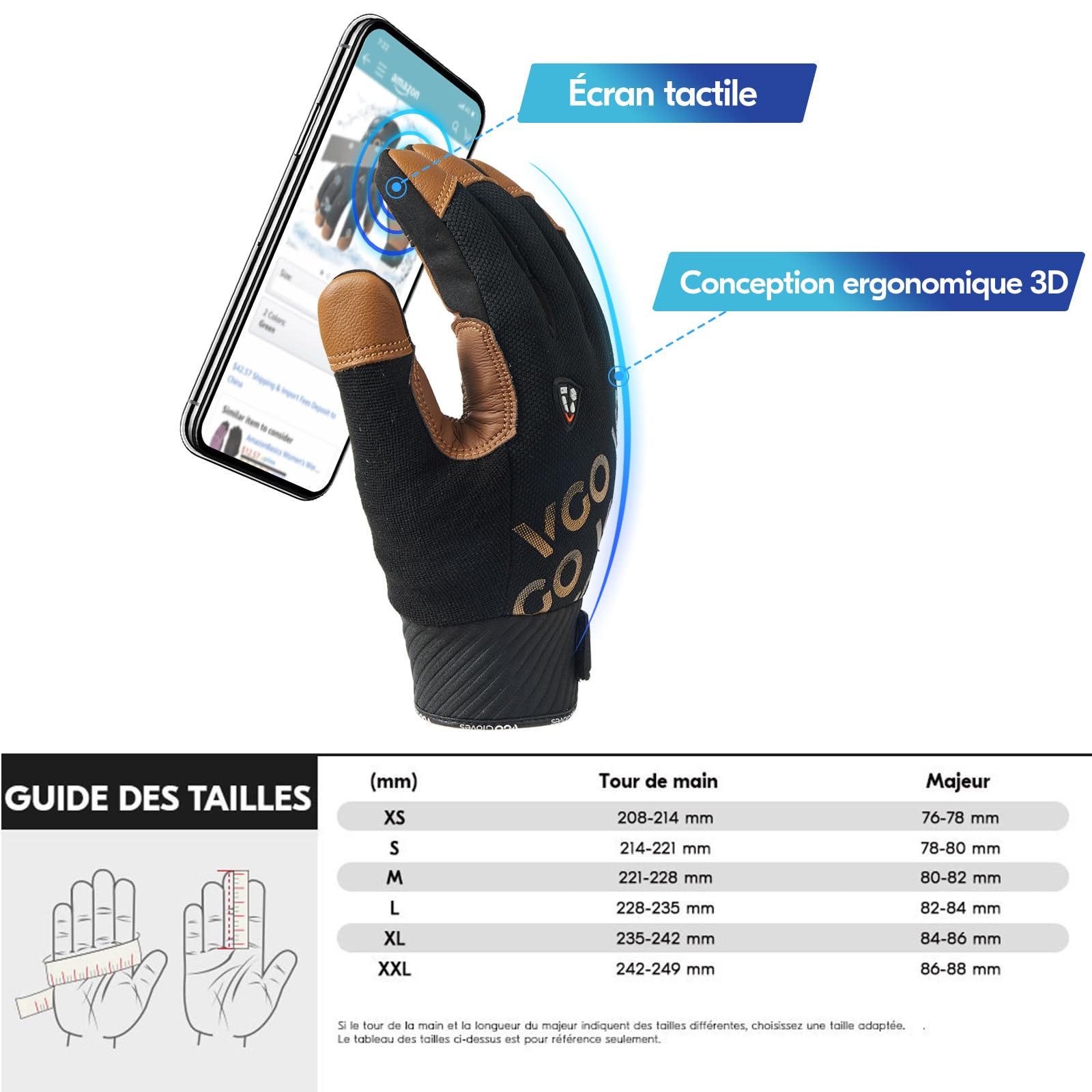Vgo... Gants de travail d'hiver imperméables, gants en cuir à écran tactile thermique pour l'assemblage de congélateurs et de réfrigérateurs multifonctions, 1 paire