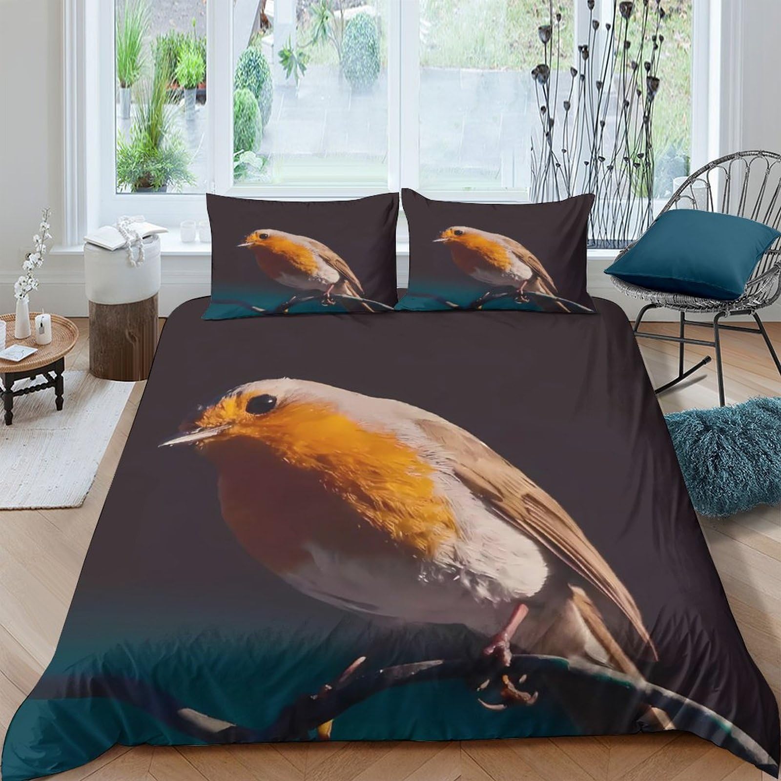 GPLZQXKJNH 3D Printed Robin Bird Duvet Cover Microfiber Soft Breathable Nature Branch Bedding Set with 2 Pillowcases for Bedroom Decor Single（135x200cm）