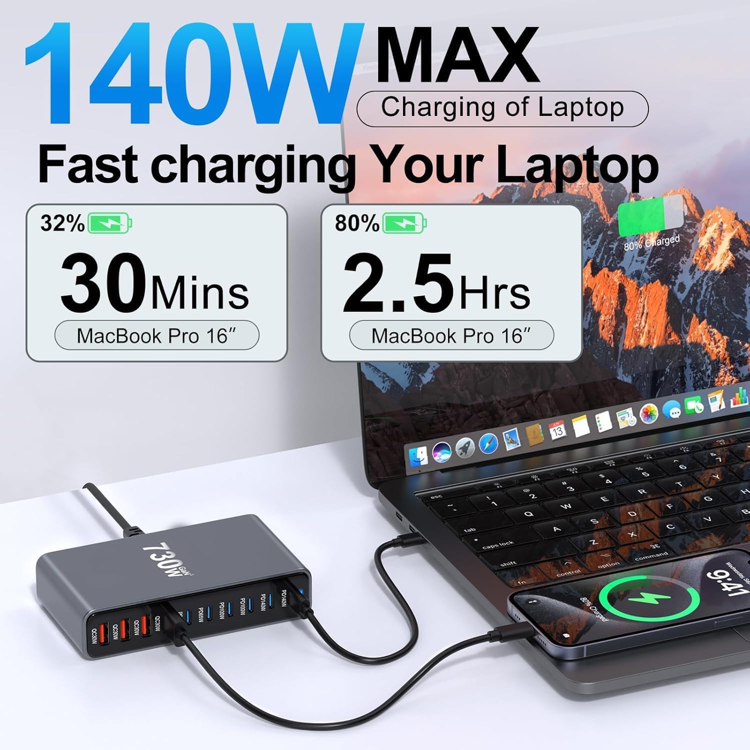 Stazione di Ricarica USB 10 Porte 730W, Caricatore GaN III PD 140W 100W 65W 30W USB-C/USB-A, Presa di Ricarica Rapida per Laptop e Telefoni, Compatibile con MacBook Pro/Air, per iPhone 15/16/14