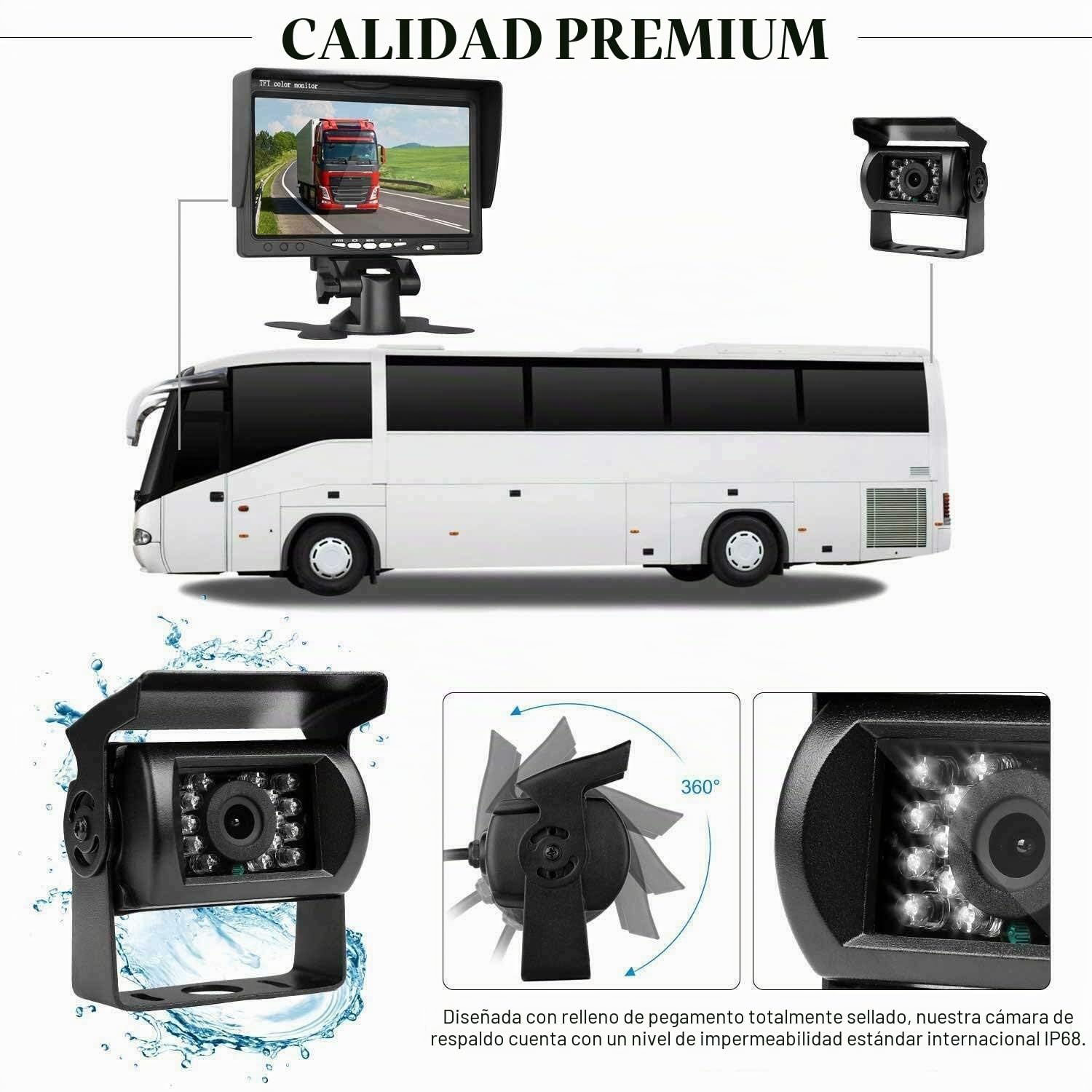 Cámara Trasera para Vehículo con Pantalla TFT LCD HD 7 Pulgadas | 4 Pines, 12-24 V, 18 LED IR, Visión Nocturna, impermeable, Cable de 15 m, Para camiones pesados, remolques
