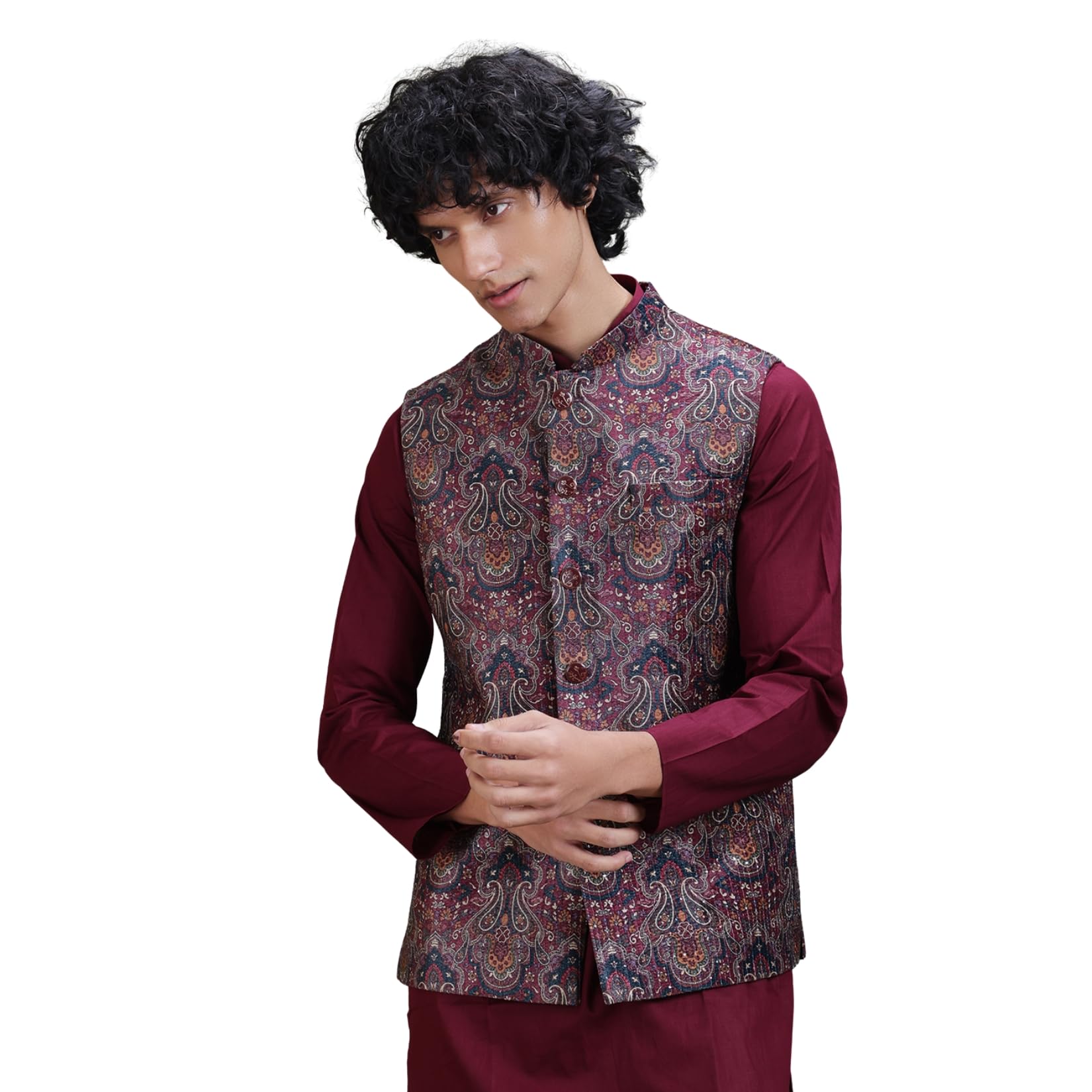 Men's Wine Ethnic Motif Printed Velvet Woven Nehru Jacket, Mandarin Collar, Sleeveless Ethnic Waistcoat with Front Button Closure, 3 Pockets, Festive, Wedding & Celebration Wear-image-19