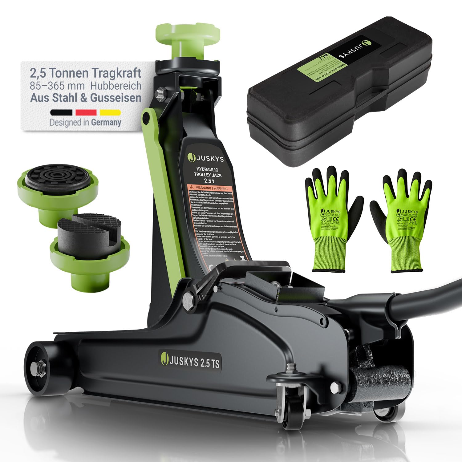 Juskys Wagenheber 2,5 t – Hydraulischer Rangierwagenheber aus Stahl 85–390 mm, mit Transportbox, Gummiauflagen & Zubehör – Schwarz/Grün