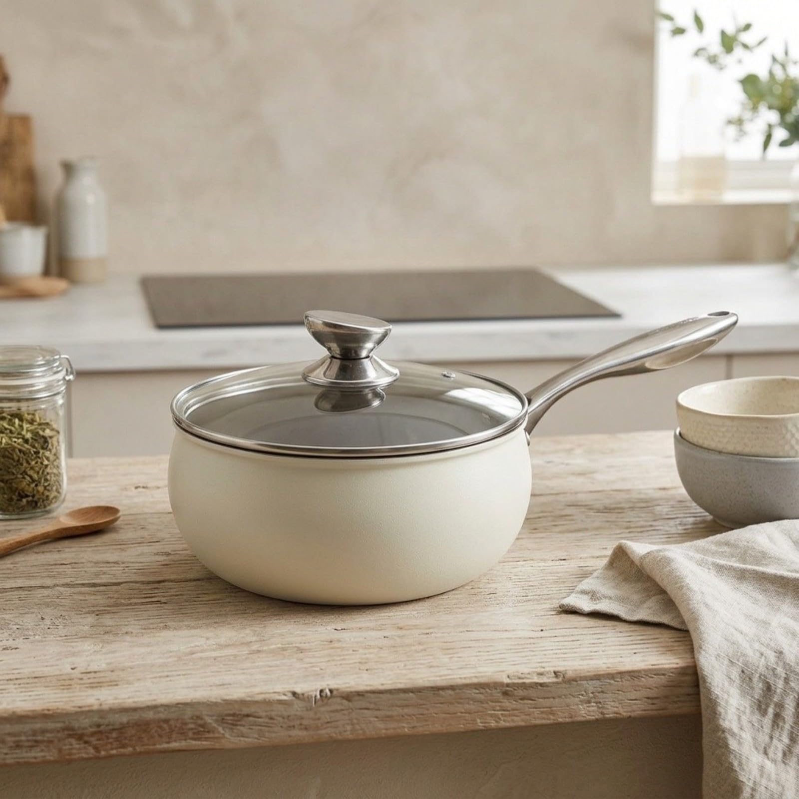 Metall Suppentopf Mit Glasdeckel Und Ergonomischem Griff, Gebogener Körper Für Induktion Und Gasherd, Robuster Kochtopf Zum Kochen Von Suppe Und Nudeln, Weiß(White)