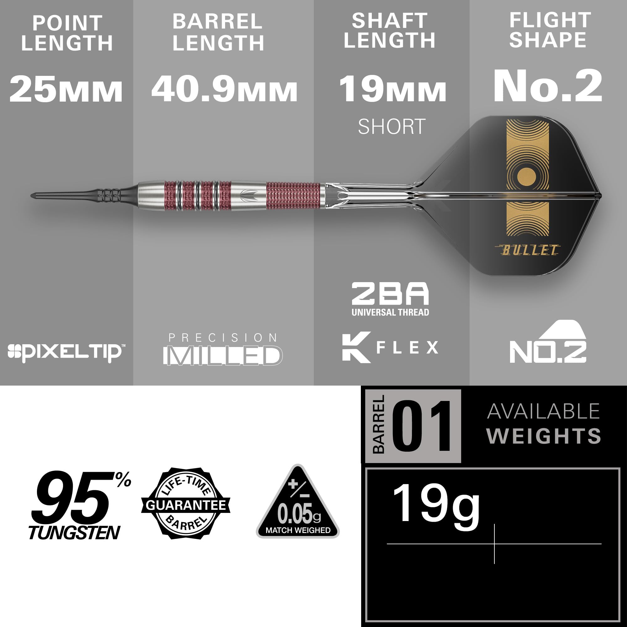 Target Darts Stephen Bunting 95K Set di Freccette a Punta Morbida, 19G | Alette e aste Kflex, The Bullet Player Edition Freccette al 95% di Tungsteno, Punta in Acciaio Nano Swiss Conversion Points