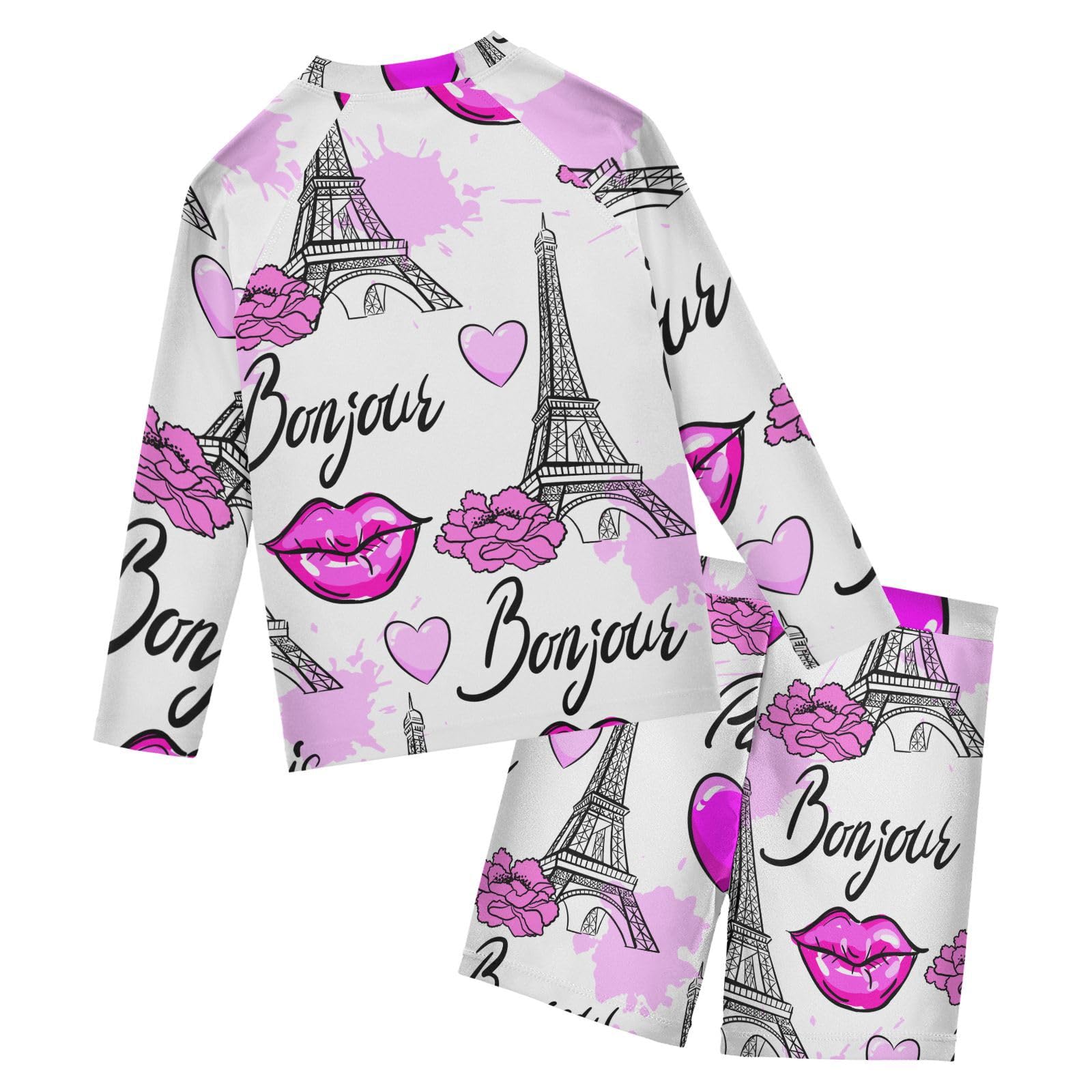 Aflyko Kids' Bathing Suit Set Paris Eiffel Tower Pinks Heart Flower Long Sleeve Swim Tops with Shorts Summer Vacation Pool Party Rashguard Fun Cute Infant Beachwear, 4T
