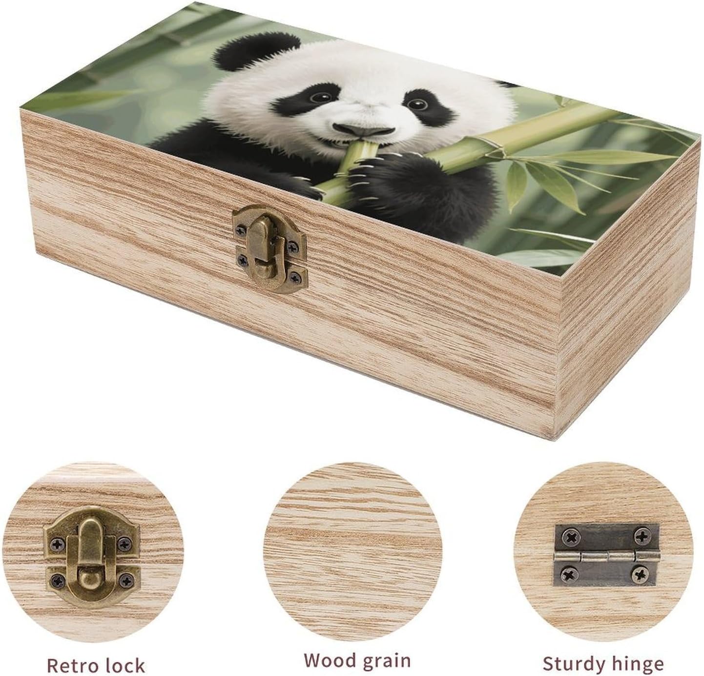 Vintage Wooden Storage Box with Hinged Lid, Panda Cub Eating image 3