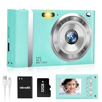 48MP Digital Camera 1080P HD Compact Digital Camera with 16x Zoom Anti Shake 2.4 inch IPS Screen Small Digital Camera 32GB SD Card for Teens Gifts (Blue)