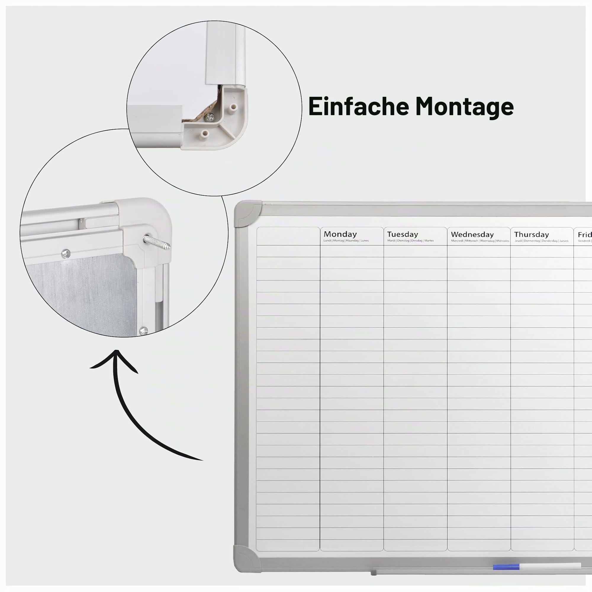 Desq® Wochenplaner | Magnethaftend | Aluminium Rahmen | 60 x 90 cm | Aluminiumablageschale