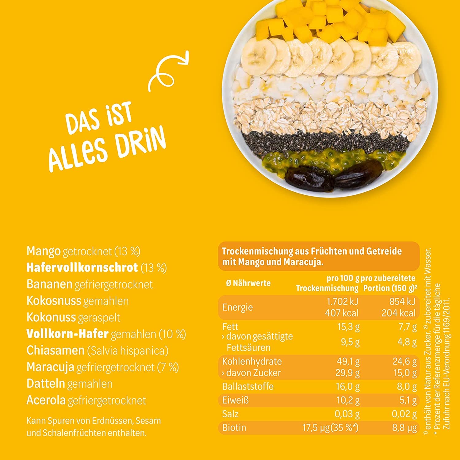Oatsome Smoothie Bowl Mango & Maracuja - Smoothie zum löffeln - Frühstückersatz, 100% natürlich (Mango Mia, 50g), Menge:15 Stück