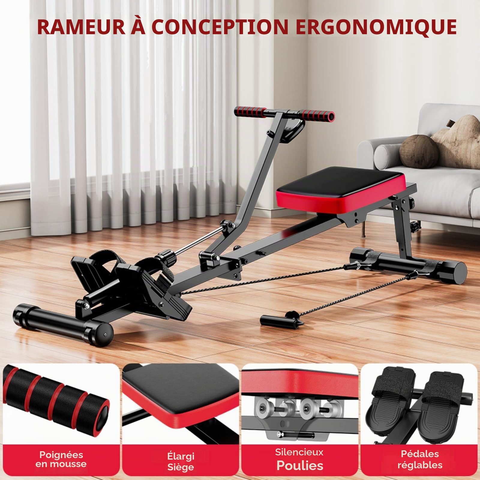 Rameur pour la Maison Hydraulique Rowing Machines, 12 Niveaux de Résistance, Capacité de 180KG, Rameur pour Entraînement Complet Fitnessappareil