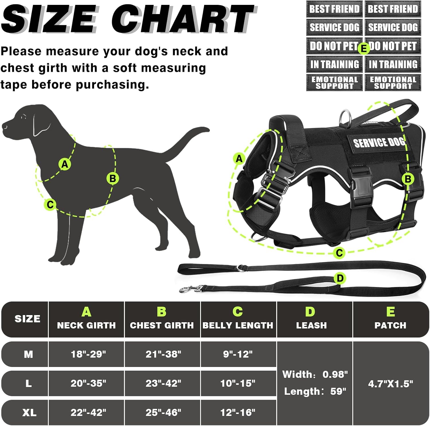 Tactical Service Dog Vest and Leash Set,Heavy Duty Harness with Metal Buckles for Medium Sized Dogs,Adjustable No Pull Pet Vest with Patches for Training Working,Black M