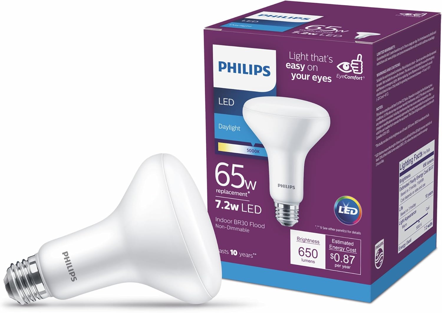 PHILIPS LED Non-Dimmable BR30 Light Bulb - EyeComfort Flicker Free - 7.2W = 65W - 650 Lumen - Daylight (5000K) - E26 Base - Indoor - Title 20