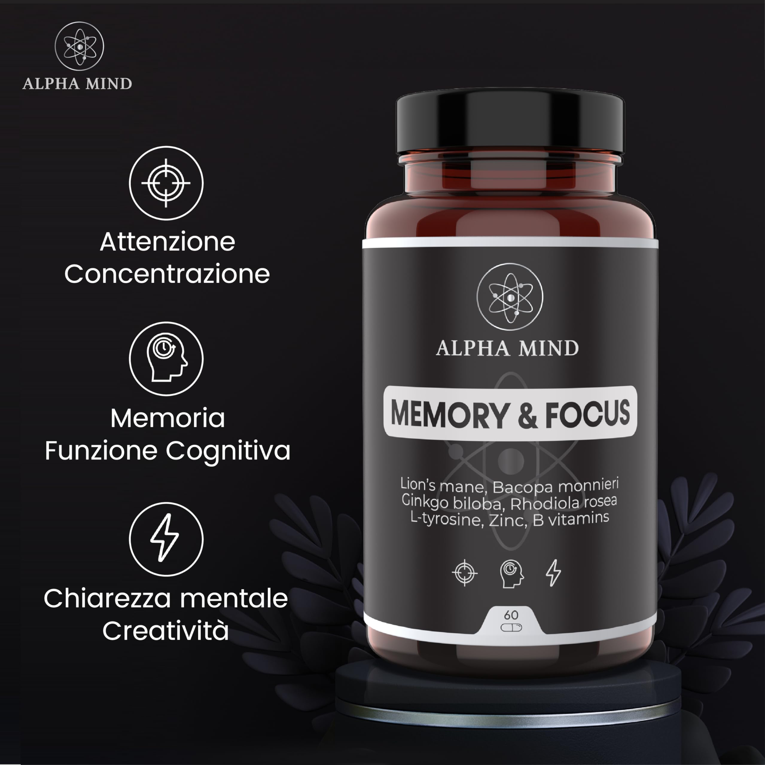 Nootropico Potente Naturale - Concentrazione, Memoria, Agilità Mentale - Con Lions mane, Ginkgo biloba, Bacopa Monnieri, Rhodiola Rosea, L Tirosina, Zinco, Vitamine B - Senza Caffeina