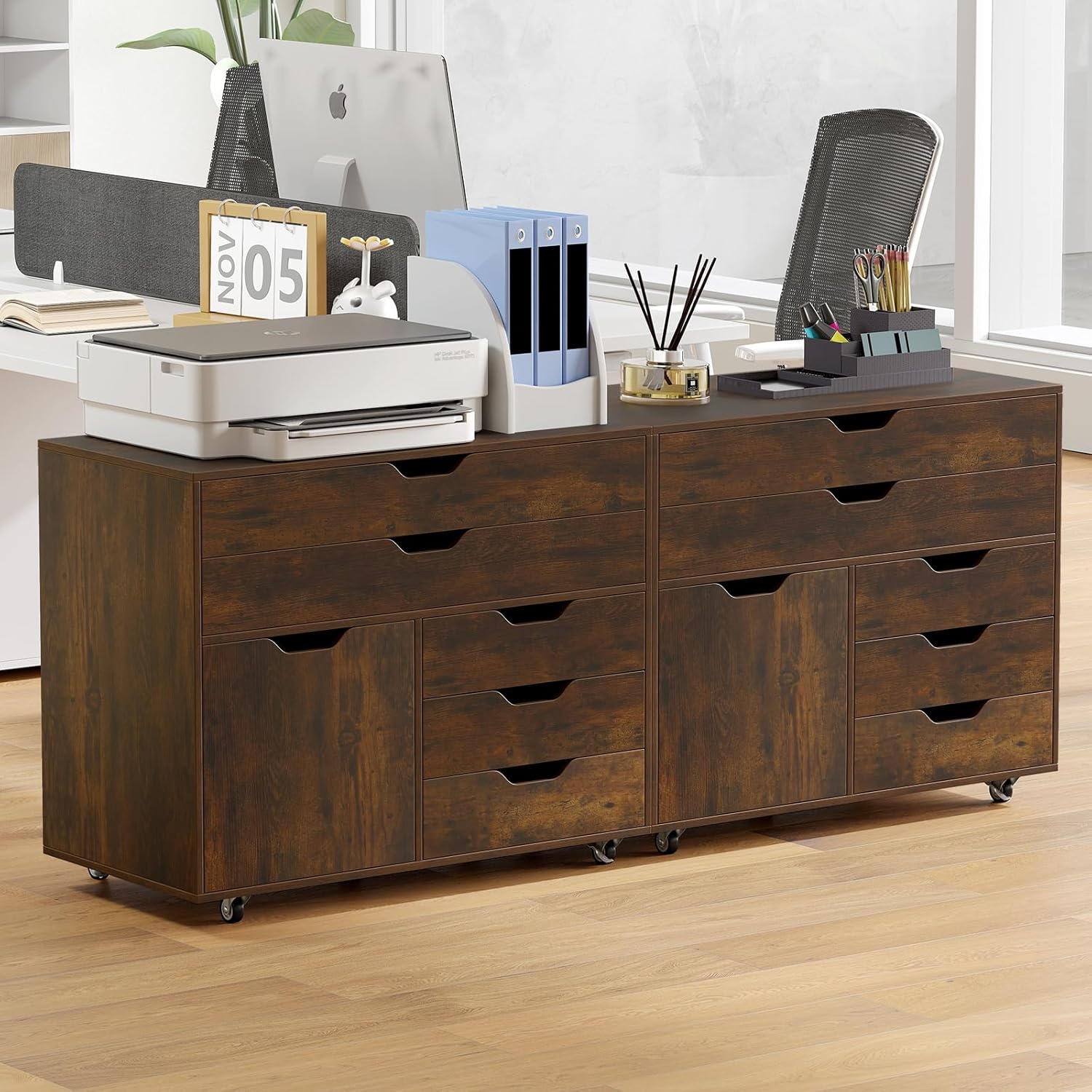 GOFLAME 5-Drawer Mobile File Cabinet, Rolling Lateral Filing Cabinet with Drawers and Storage Compartment, Modern Printer Stand with Wheels for Living Room, Study, Home Office, Rustic Brown