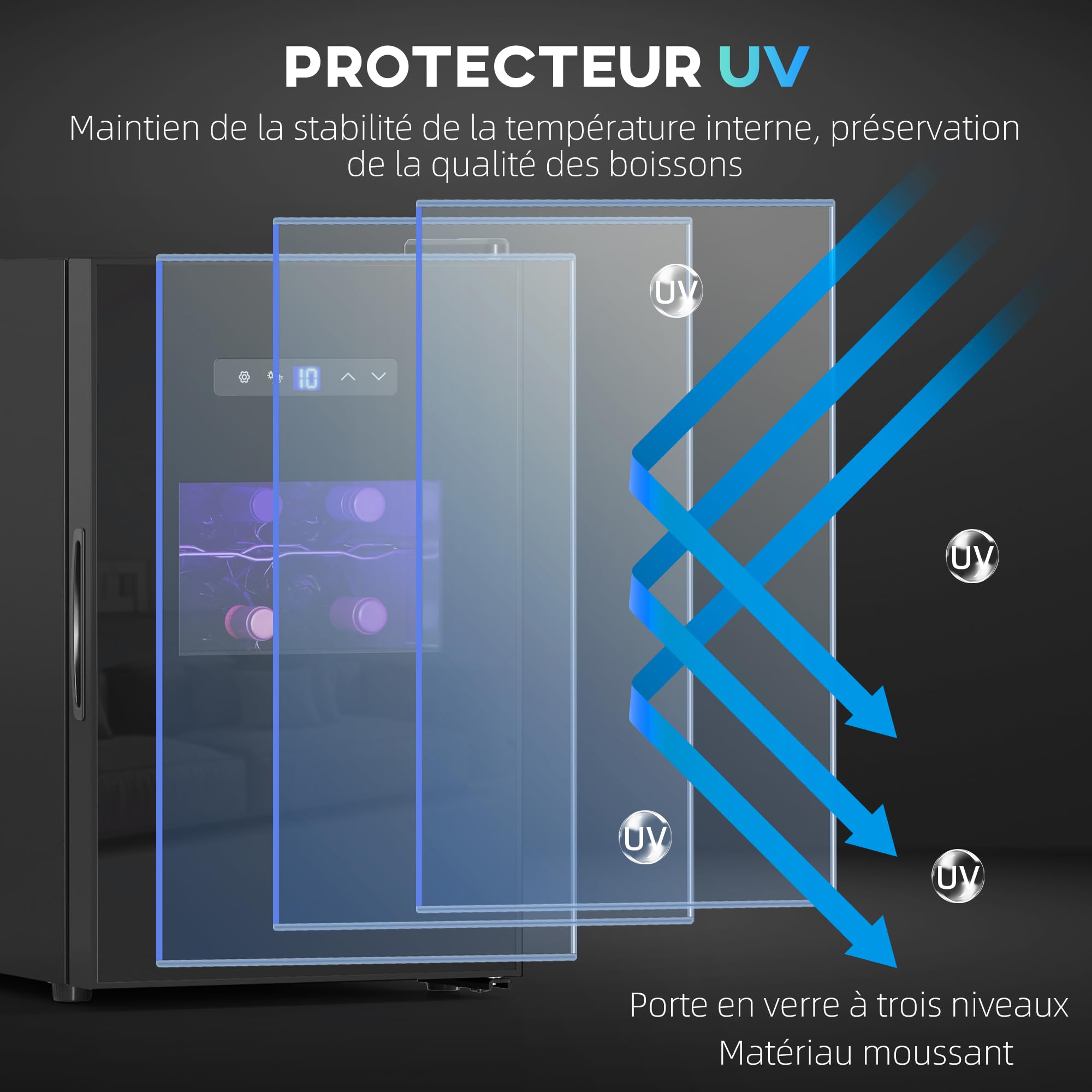HOMCOM Cave à vin 15 bouteilles 39L réfrigérateur thermoélectrique silencieux porte verre LED écran tactile numérique contrôle température 8-18°C noir