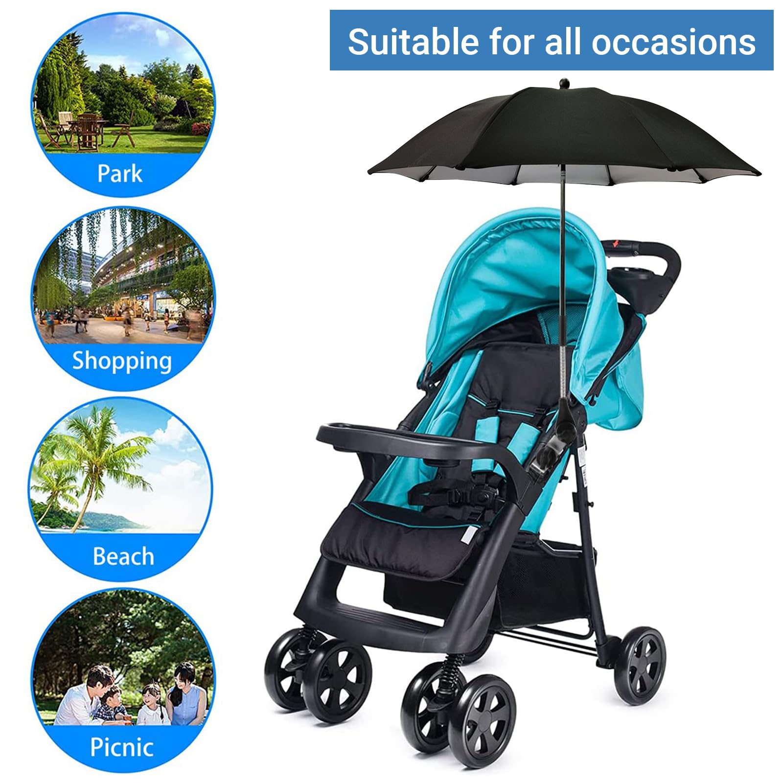 Ombrellino Passeggino Universale, Ombrellino Parasole Passeggino Anti UV 50+, Ombrello Parasole Passeggino con Un Manico, Ombrellone per Passeggino per Carrozzina e Passeggino-Nero