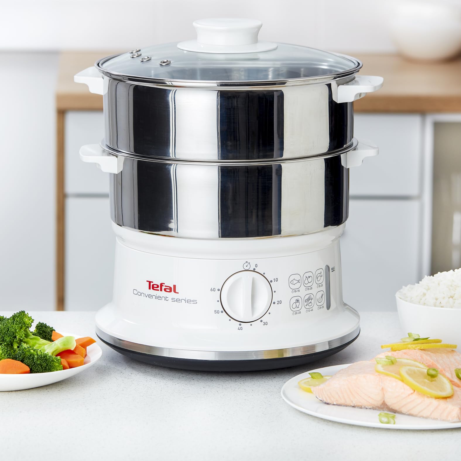 Tefal Dampfgarer elektrisch, 2 Edelstahlbehälter, 6L Fassungsvermögen, Dampfkocher mit 24cm Durchmesser, Timer und automatische Abschaltung, 900W, weiß, VC1451