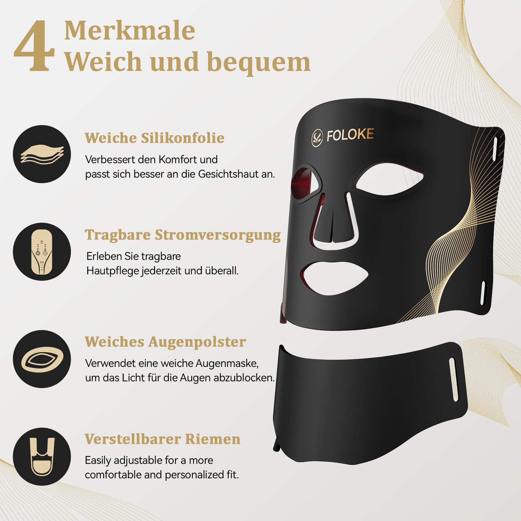 FOLOKE LED Maske Gesicht -LED Lichttherapiemaske für die Gesichtspflege, 7-farbige Lichtwellen, rote Lichtmaske für Gesicht und Hals, rot – 5 Helligkeitsstufen, rote Lichtmaske für zu Hause