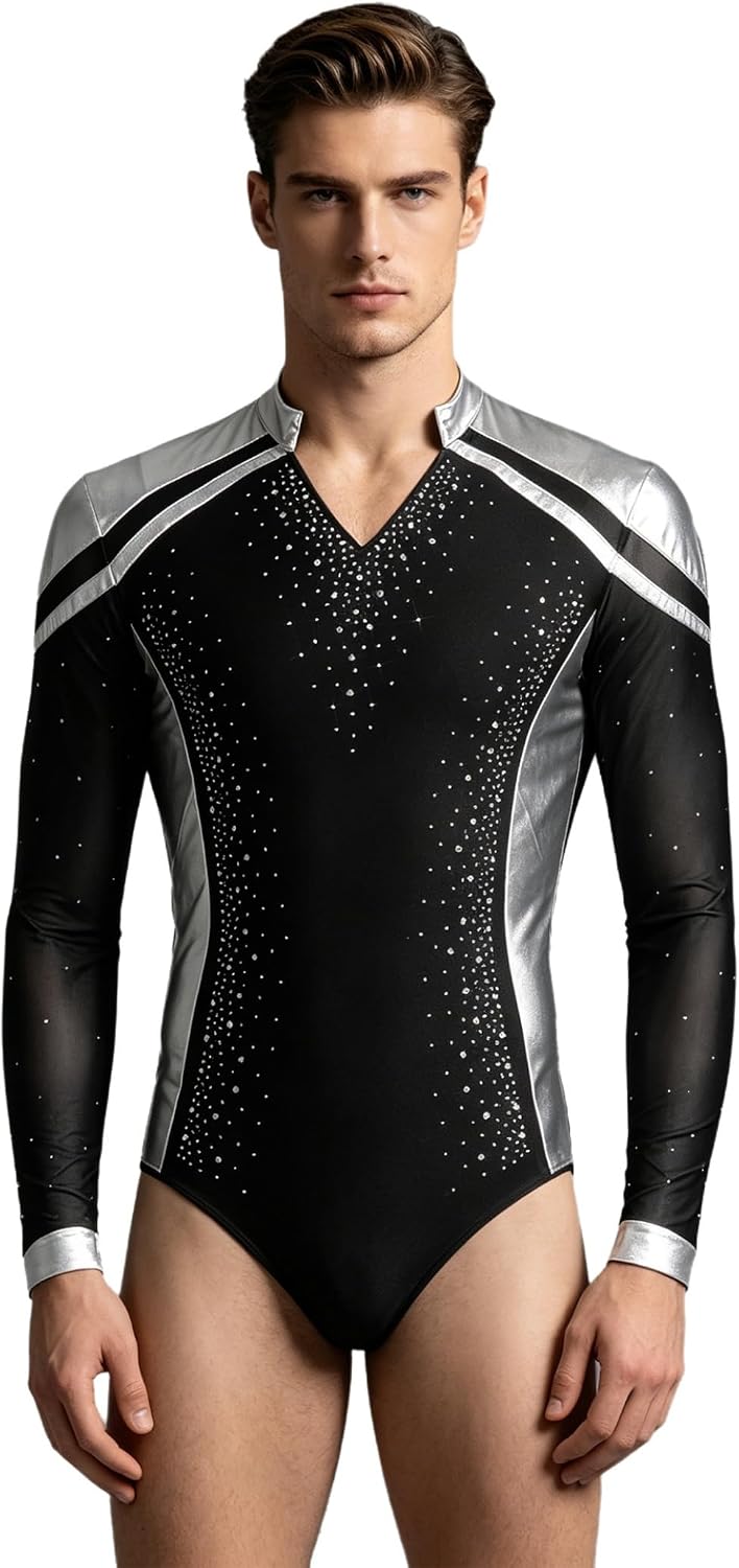 Men Metallic Latin Dance Leotard Long Sleeve Sparkly Rhinestones Ice Skating Training Shirt for Party
