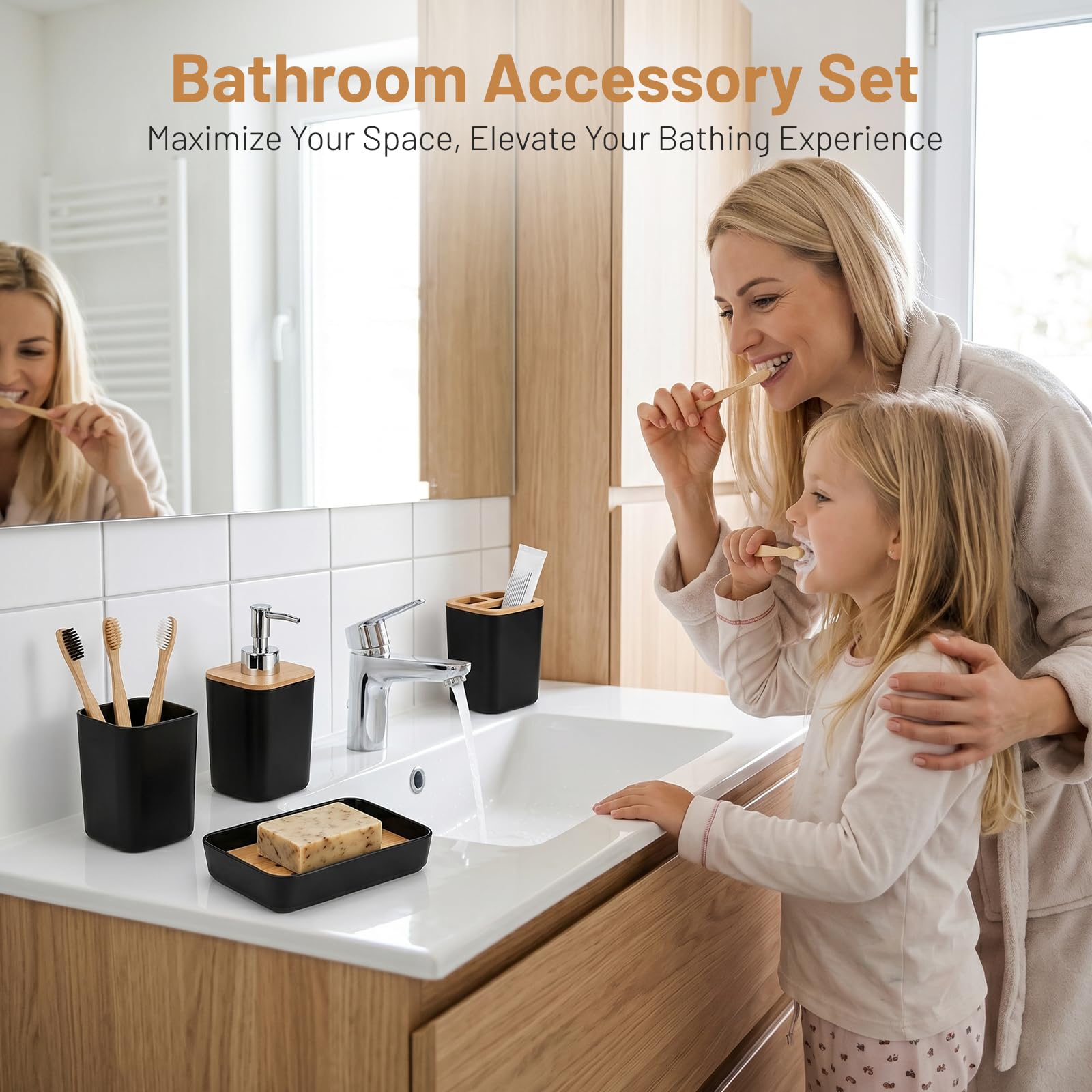 6 teilig Badezimmer Zubehör Set Modern - Badezimmerset Bambus Luxuriösem Kunststoff - Badezimmer Set mit Seifenspender Zahnputzbecher Becher WC Bürste Seifenschale Mülleimer (Schwarz)