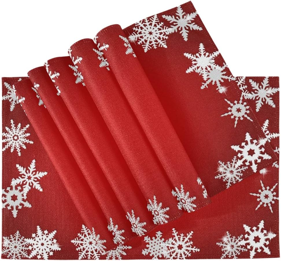 Bolaz Red Christmas Snowflake Abstract Placemats, Washable Table Place Mats for Kitchen Dining Home Table Decoration 12 x 18 inches,Set of 6