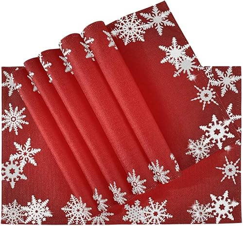 Miniatura 4 de Bolaz Juego de 4 manteles individuales abstractos con diseño de copo de nieve rojo de Navidad, lavables, para cocina, comedor, decoración de mesa