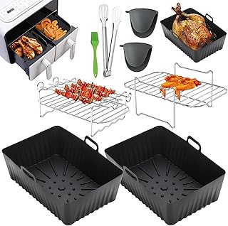 Silicone Air Fryer Liner,8 PCS Air Fryer Accessories for Tower Vortx T17100 Vizion Dual Basket,Air Fryer Racks,Oil Brush&Food Clip,Reusable Air Fryer Basket,Silicone Pot for Oven,Microwave,Black