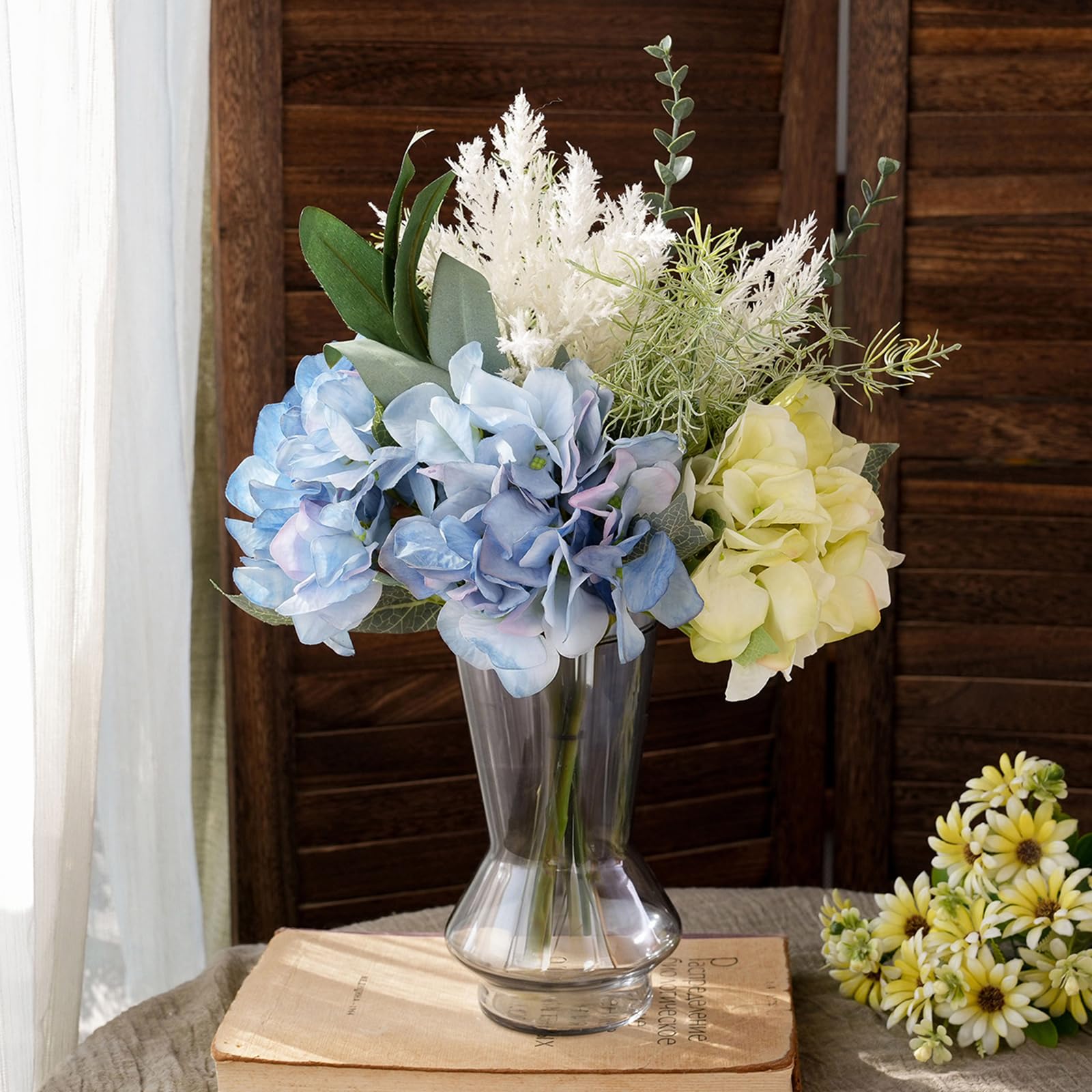 Artificial Flowers in Vase, Fake Silk Hydrangea Floral Bouquet with Pot