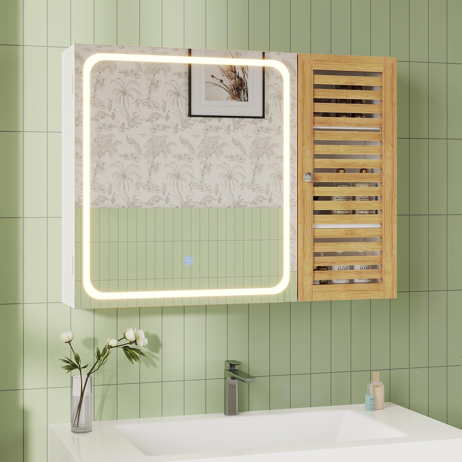 Specchio Bagno con 2 Ante, Specchiera Bagno con Illuminazione LED Dimmabile a 3 Temperature di Colore, Specchio Contenitore Bagno con 4 Ripiani Regolabili, 80×16×60 cm