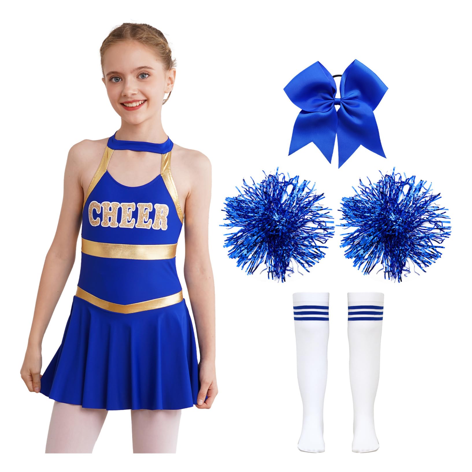 Kaerm Cheer Leader Costume for Girls Festival Cheerleading Outfits Halloween Carnival Party Fancy Dress Up A Blue 11-12 Years