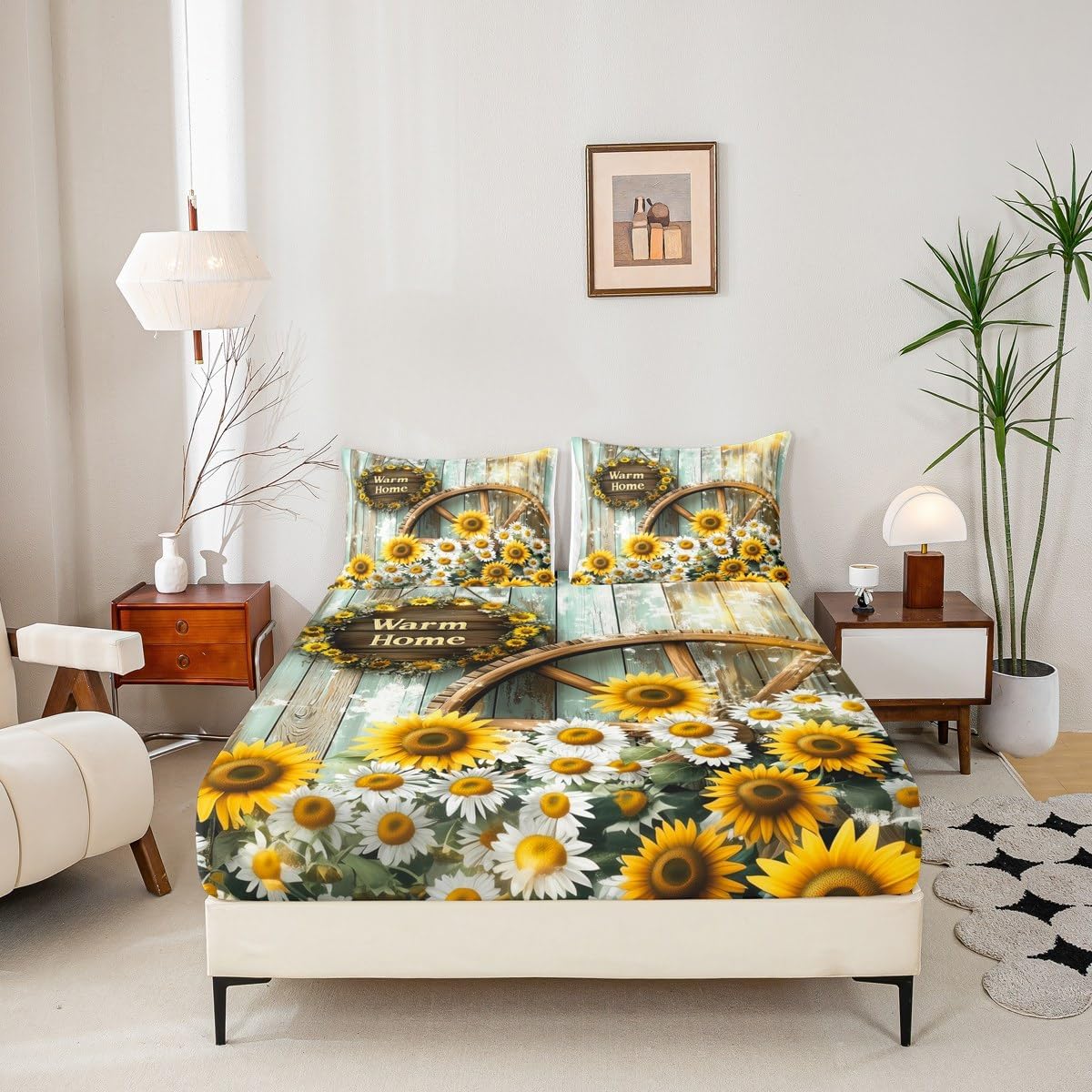 Country Barn Door Fitted Sheet Farmhouse Western Bed Sheets, Vintage Countryside Wooden Board Daisy Sunflower Sheets Queen Size Bed Set