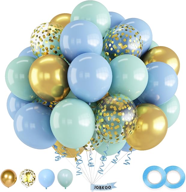 Blue and Green Balloons, 60 PCS Baby Blue Mint Green Balloon Set with Gold Confetti Balloon Metallic Gold Balloons, 12 Inch Light Blue Balloons for Baby Shower Kids Birthday Wedding Party Decorations