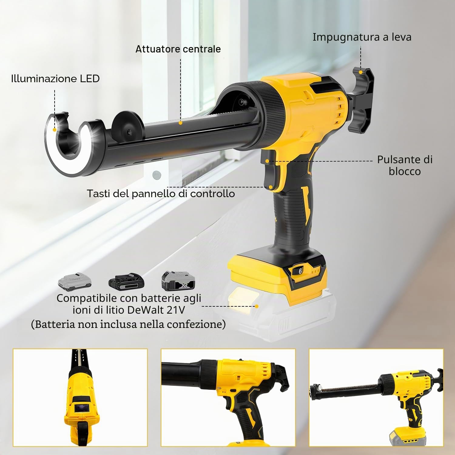 Pressa per cartucce a batteria, compatibile con batteria Dewalt da 20 V, pistola elettrica con luce LED e velocità regolabili, pistola in silicone per cartucce da 300 ml (senza batteria)