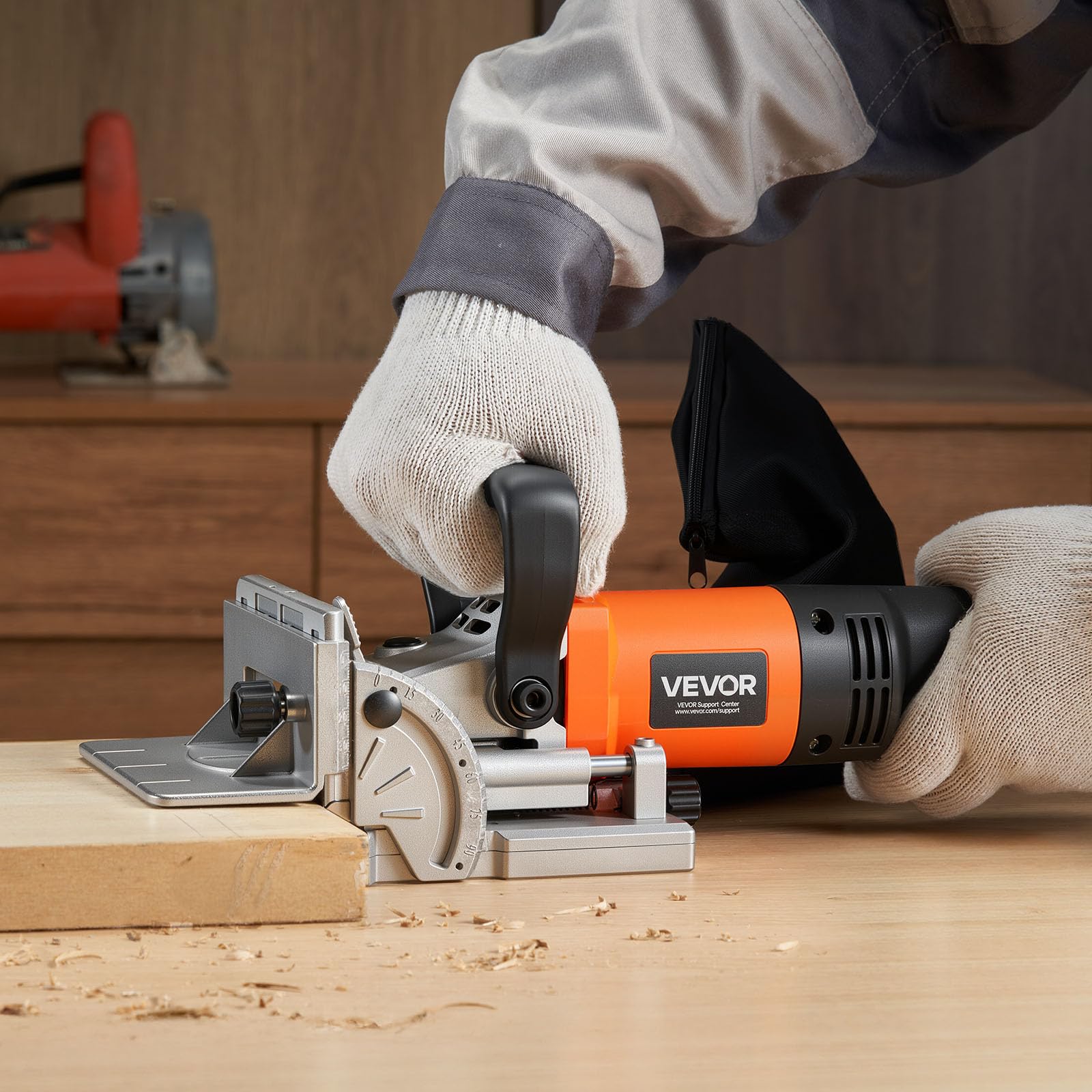 VEVOR Akku Flachdübelfräse, 5,9 A, Nutfräse mit 11.600 U/min 760 W Motor, 45-Grad-Positionierungskerbe, Hartmetall-Sägeblatt, Staubbeutel, einstellbarem Winkel & Tiefe, für Holzbearbeitung