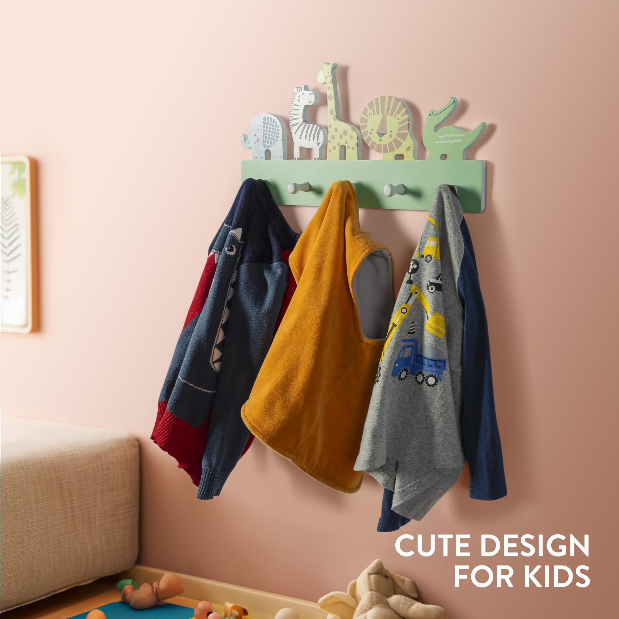 Navaris Kids Coat Hooks Rack - Wooden Hanger Rail with 5 Pegs - Wall Mounted Children's Coat Rack with 5 Hooks - Cute Animals Design - Image 2