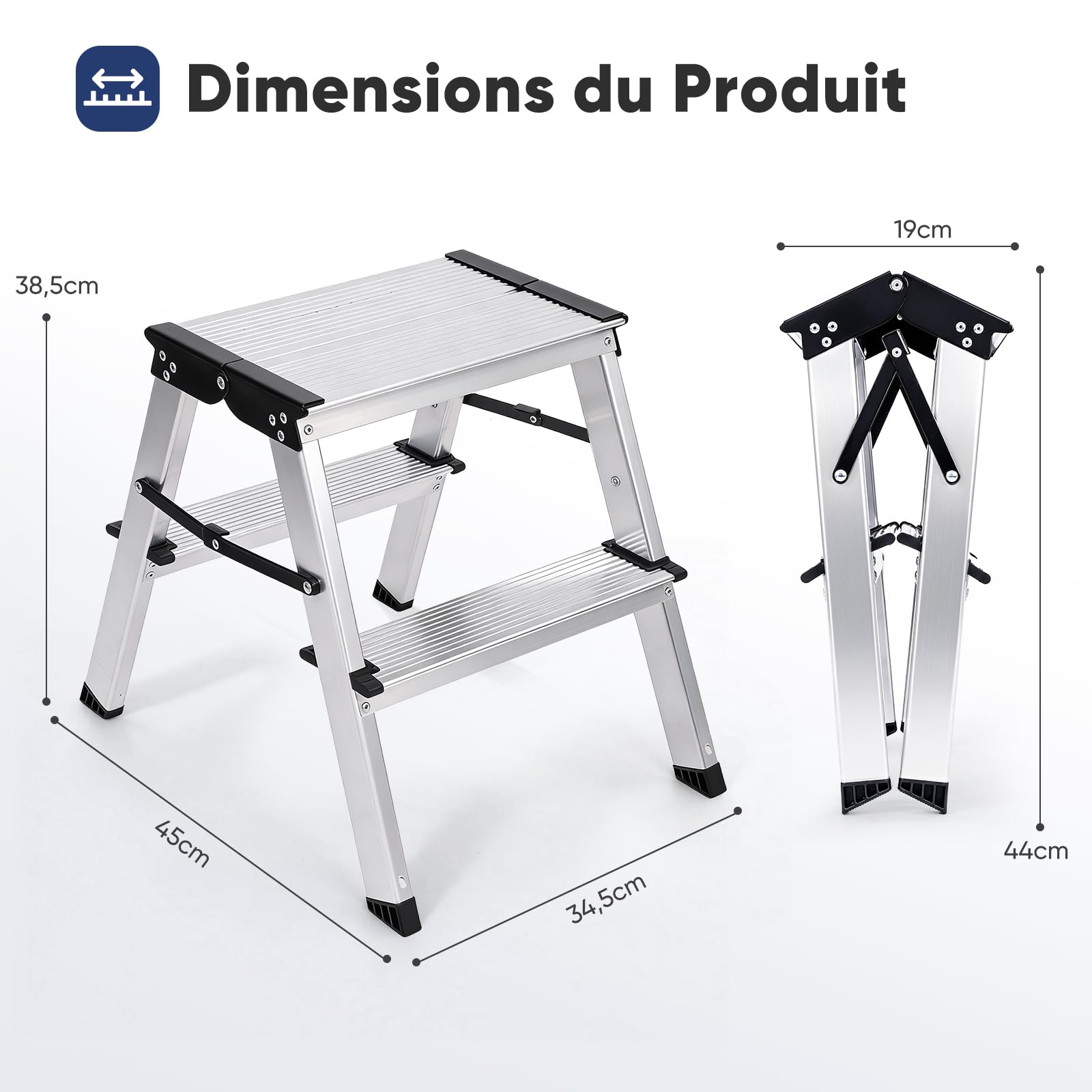 Sekey Escabeau 2 Marches Pliable en Aluminium, Marchepied Escamotable à Double accès, Marches Antidérapantes, Usage Domestique & Maison, Certifié TÜV SGS EN131 EN14183, Charge Jusqu’à 150 kg