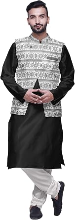Atasi Men Mandarin Collar Solid Kurta Churidar Pajama & Printed Nehru Jacket Set