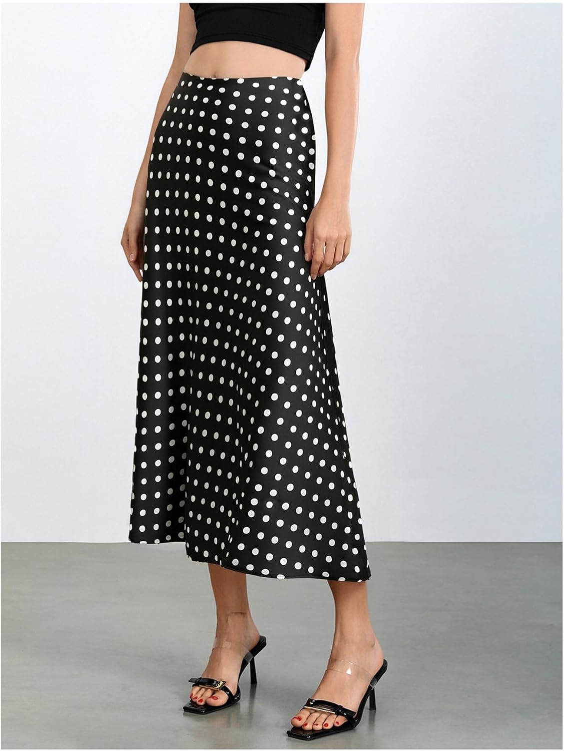 MakeMeChic Women's Summer Long Satin Skirts Polka Dots Silk Elegant High Waisted Flowy A Line Cocktail Midi Skirt - Image 3