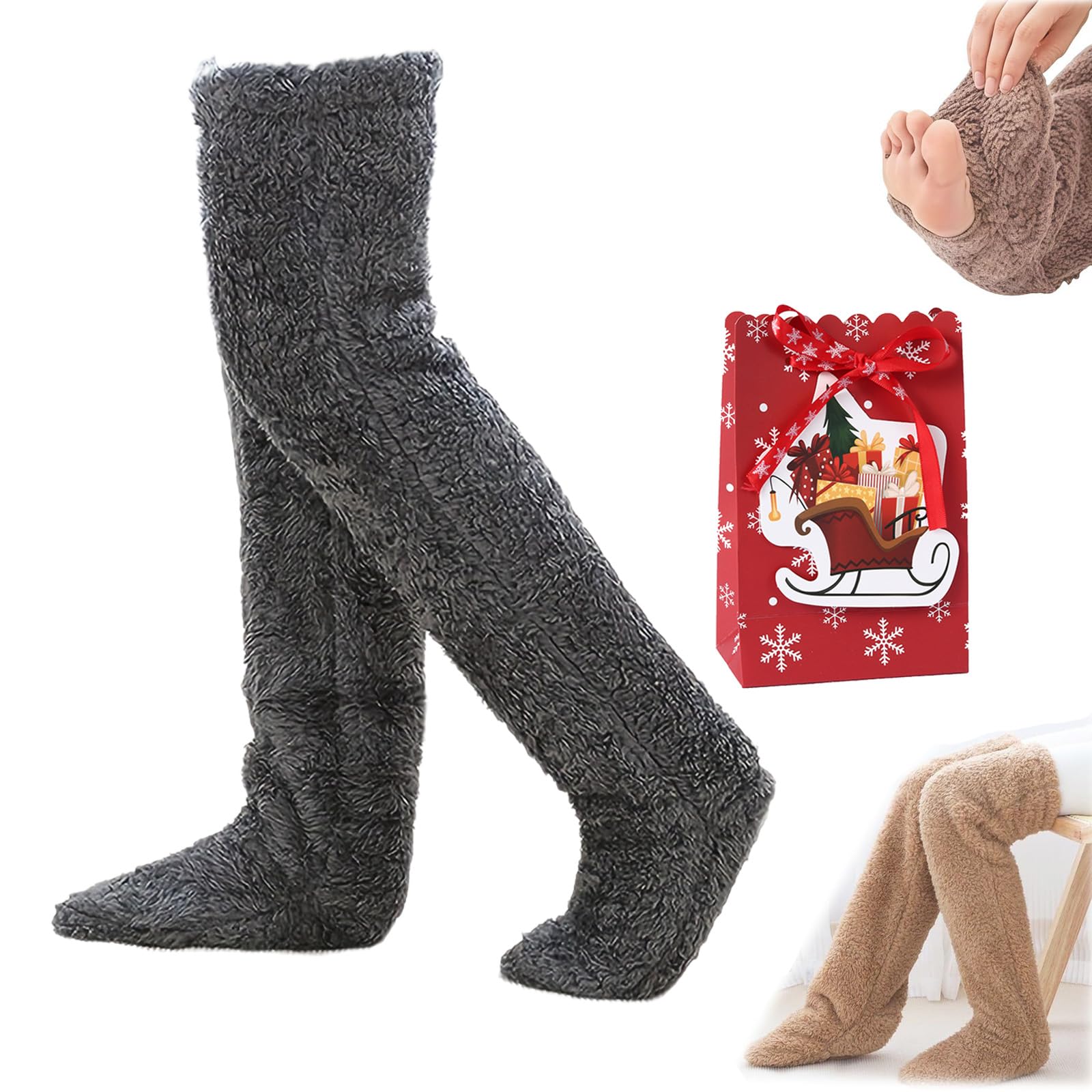 NNBWLMAEE Goose Down Knee Socks for Christmas, Socks Long Fuzzy Thigh High Warm, Thickened Goose Down Leg Warming Knee socks, Plush Warmth Long socks, for the Winter, Adult Men and Women (smoky gray)